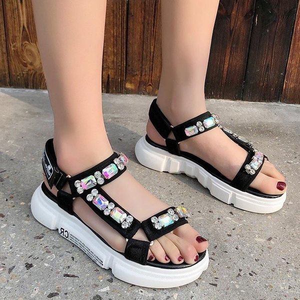 

sandals 2021 rhinestone student tide toe muffin bottom female magic sticker, Black