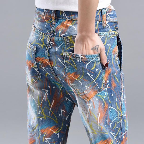 

women's jeans fashion pattern printed women 's loose painted graffiti, Blue