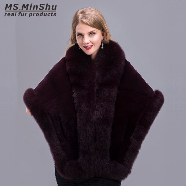 

women shawl fox fur trimmed genuine fox fur wrap winter female cape fox fur trimmed stole winter warm poncho, Blue;gray