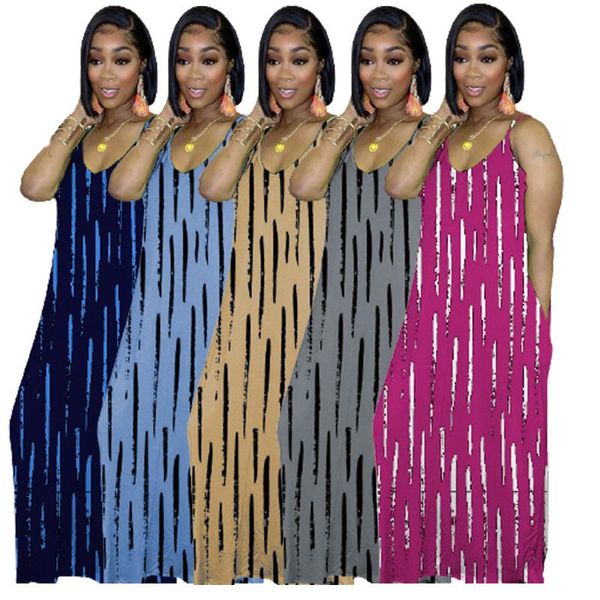 

casual dresses printed sling pocket dress women's loose long summer sleeveless oversized pullover maxi female vestidos 2021, Black;gray