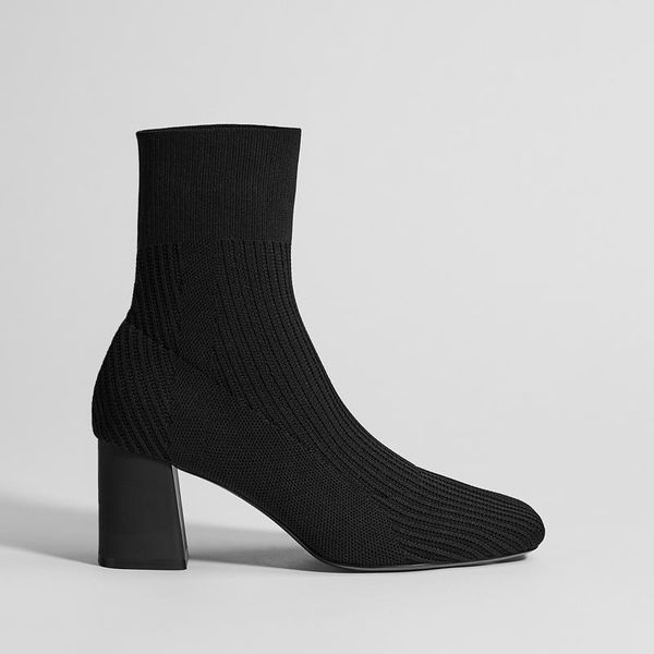 

boots 2021 autumn women shoes thick heel british style elastic knitted socks boot high-heeled ankle booties mujer, Black