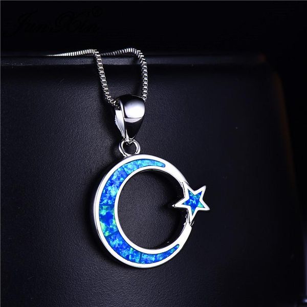 

pendant necklaces female moon star for women silver color mystic birthstone blue white fire opal necklace wedding jewelry