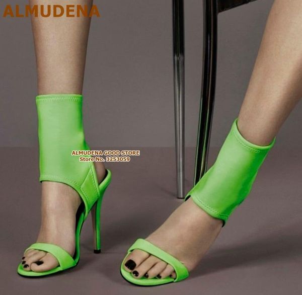 

boots almudena stretch fabric summer ankle sandal fluorescent green pink thin high heels metal studded cut-out strappy pumps, Black