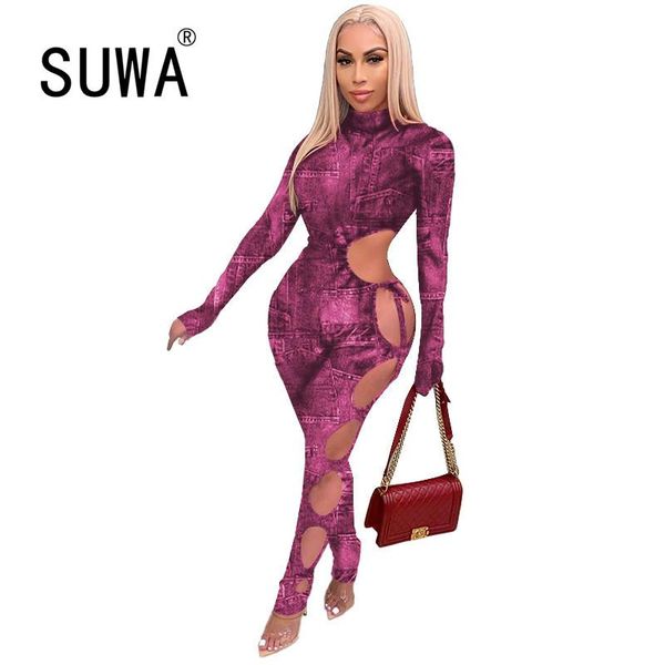 

women's jumpsuits & rompers side hollow out skinny womens jumpsuit streetwear turtleneck long sleeve slim overall vintage print party c, Black;white