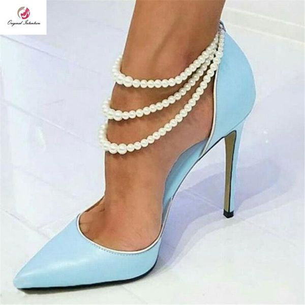 

dress shoes original intention elegant sky blue pearls ankle chain pumps woman pointed toe thin high heels buty damskie wedding party, Black