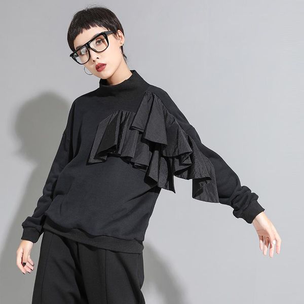

2021 new fashion spring autumn women turtleneck t-shirt female full sleeve black loose stitch oversize ruffles hoodies wt37, White