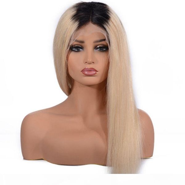 

t1b 613 dark roots blonde human hair wig pre plucked ombre color peruvian straight hair lace front wigs with baby hair, Black;brown