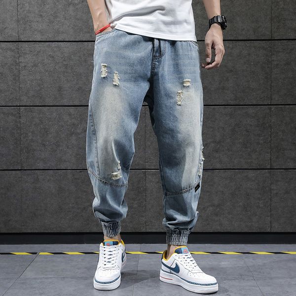 

2021 new autumn torn male loose korean ankle with blue capri-jeans straps hare vintage men's ripped man's jeans c33m