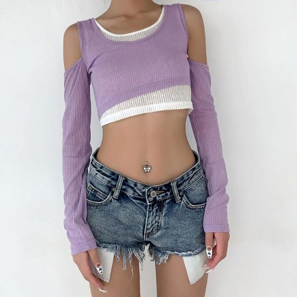 

women's t-shirt women tshirt e-girl sweet open shoulder patchwork ribbed y2k fashion long sleeve vintage cropped tee autumn outfits, White