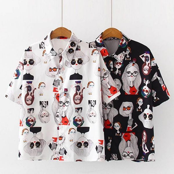 

women's blouses & shirts casual summer cartoon printed blusas women short sleeve lapel female single buckle loose blouse cozy femme rop, White
