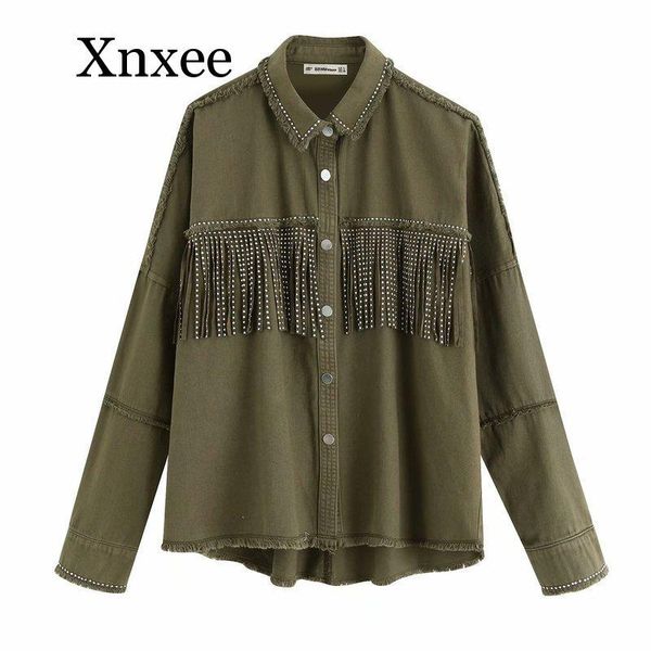 

women's jackets vintage stylish fringe beaded loose denim jacket coat women army green long sleeve frayed trim ladies outerwear chaquet, Black;brown