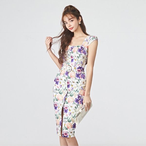 

new arrival fashion party women elegant summer square collar simple temperament office lady print slim split pencil dress bztl, White;black