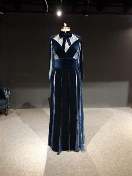 

party dresses vestidos de fiesta 100%real pictures navy blue velve high neck a-line full sleeves floor length formal prom evening dress, White;black