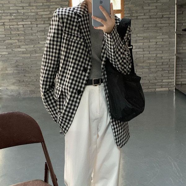 

women plaid blazers notch collar long sleeve pocket single-breasted black white casual spring autumn, White;black