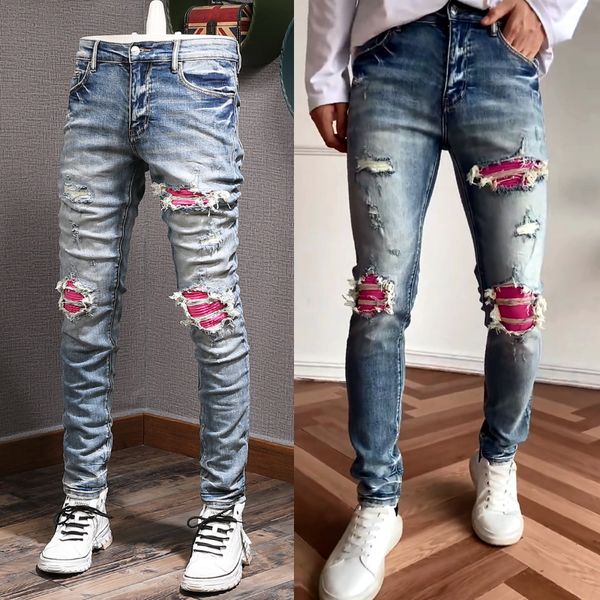 Calça jeans masculina com remendo elástico de algodão e caubói efeito rasgado skinny fit denim danificado para as pernas