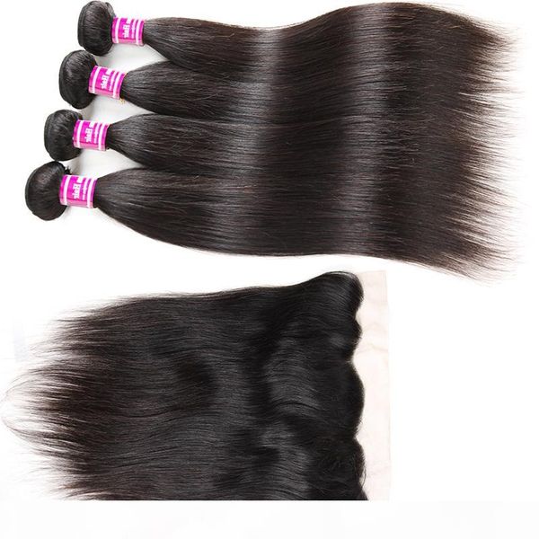 

10a grade bundles with frontal brazilian virgin hair weaves straight with frontal human hair extensions wholesale price ing, Black
