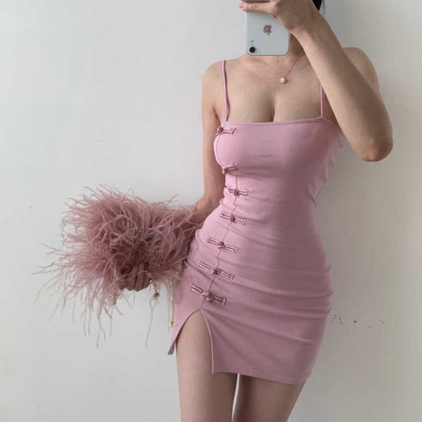 

womengaga chinese style cheongsam slit buttock split slash neck low chest solid color tank mini dress vw4k 210603, Black;gray