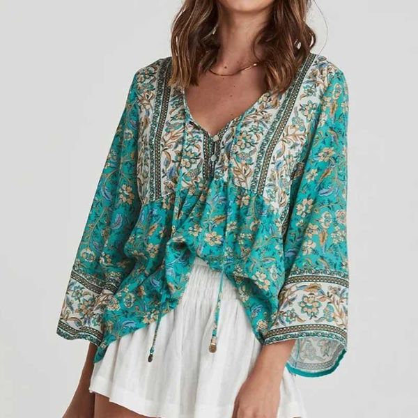 

boho inspired green floral summer tassel floral tie blouse women buttons cotton women bohemian gypsy laidies holiday, White