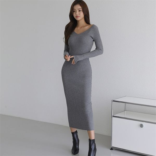 Maxi Stricken koreanische Damen Langarm V Neckwarm Pullover Büro Partykleid für Frauen China Kleidung 210602