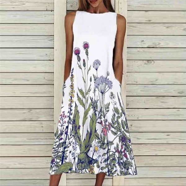 

dress retro print sleeveless summer women's casual pocket o-neck loose dress elegant female plus size banquet ins fashion 210623, Black;gray