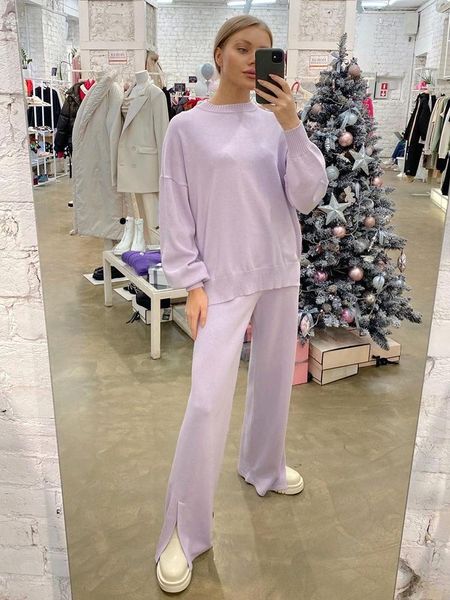 

women's two piece pants cokago autumn winter 2 pieces set women knitted tracksuit wide leg suits o neck pullover sweater clothing, White