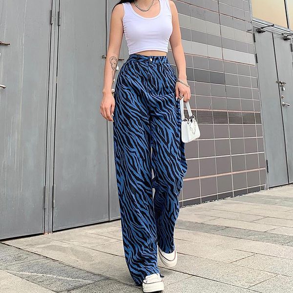 

street personality zebra-print pants blue high waist open slit straight slacks vintage casualwide leg trousers for women, Black;white