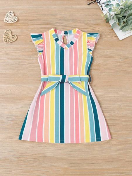 

toddler girls striped ruffle trim belted dress she, Red;yellow