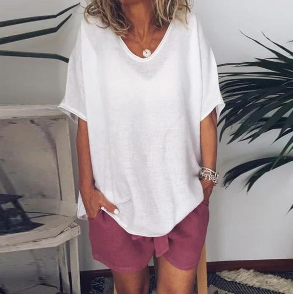 

s-5xl new plus size women short sleeve blouse women casual summer solid o-neck short sleeves casual plus size shirt blouse, White