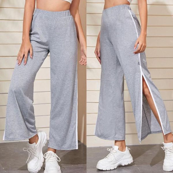 

women fashion solid color loose trousers summer sports fitness long pants with side slits high-waist elastic casual style pants, Black;white