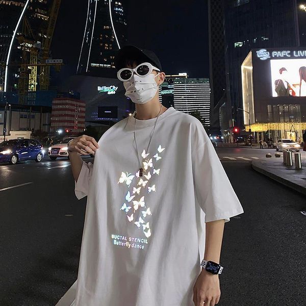 

cotton reflective butterfly t shirt streetwear loose fashion tshirt harajuku korean men women black punk oversized t shirts boy, White