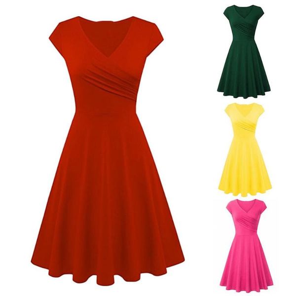 

casual dresses fashion women solid color v neck short sleeve plated swing party banquet dress woman summer 2021, Black;gray