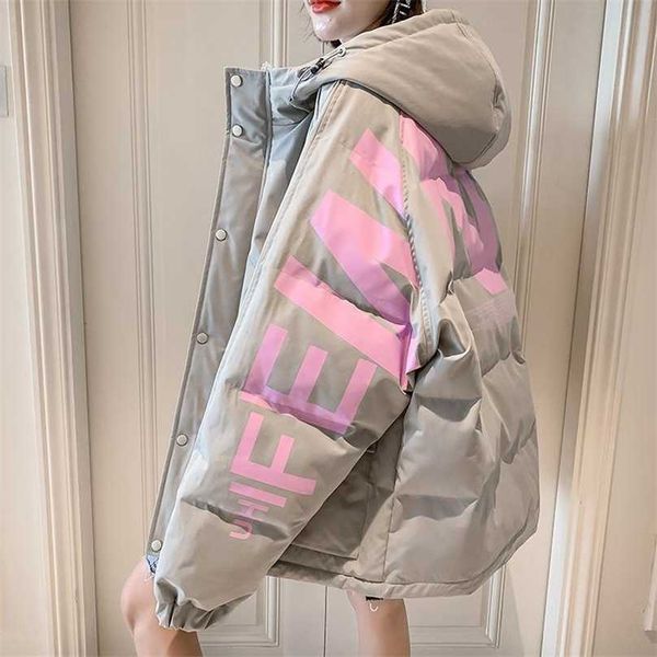 

warm winter women's short loose jacket hooded pure cotton parker down letter print large size 211018, Black