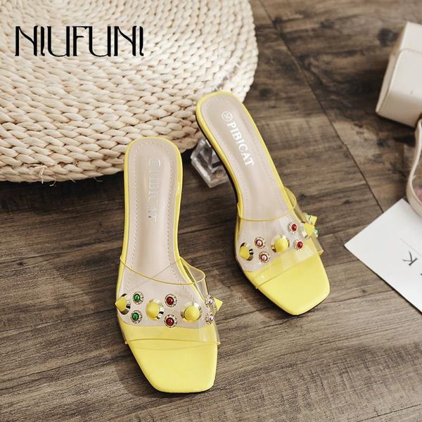 

slippers niufuni crystal heel color rhinestone transparent film thick high-heeled women's sandals square toes pvc shoes, Black