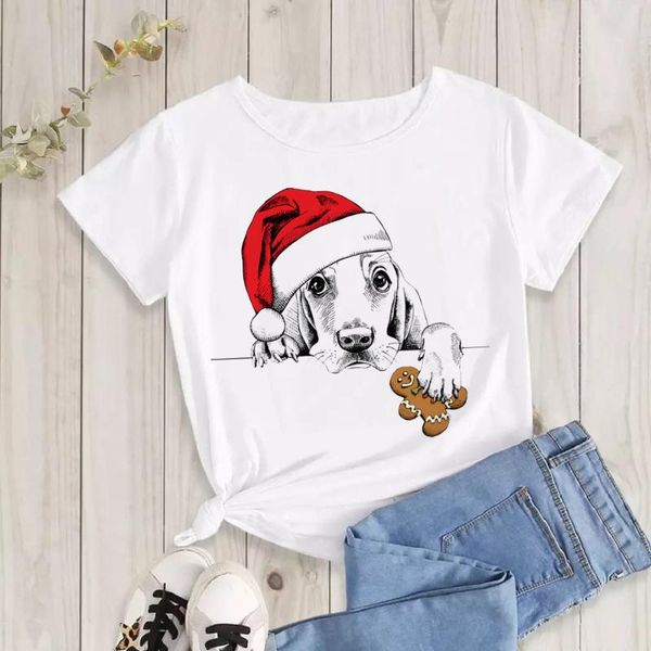 

women's t-shirt summer fashion t shirt women shirts casual short sleeve o neck cartoon christmas hat dog print 00001, White