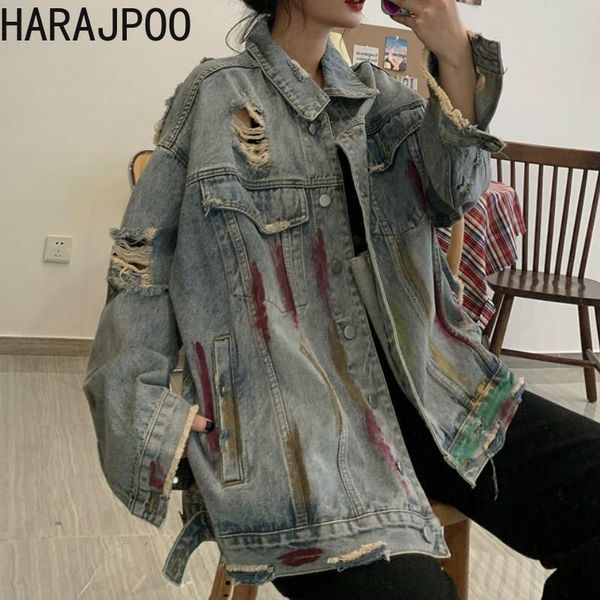 

women's jackets harajpoo women denim jacket autumn winter 2021 korean ins harajuku lazy wind loose graffiti hole-breaking y2k top, Black;brown