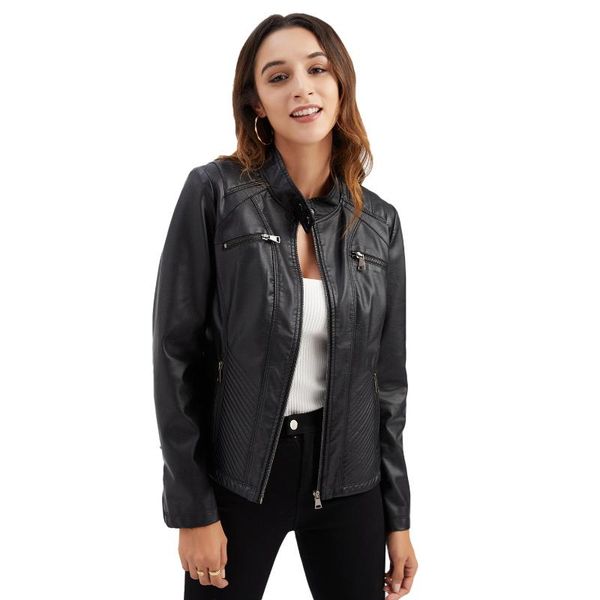

women's leather & faux european style woman jackets long sleeve zipper fur coat spring autumn jacket women, Black