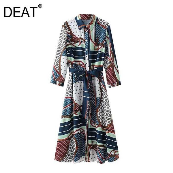 

[deat] summer fashion single-breasted turn-down collar high waist knee-length long sleeve printing dress 13q251 210527, Black;gray