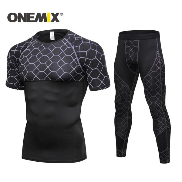 

gym clothing onemix quick fitness tights running set mens sports suits short sleeve t-shirt sportwear comprehensive training suit men, White;black