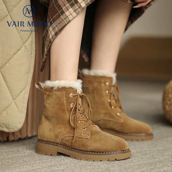 

boots vair mudo ankle boot shoes women pigskin solid faux fur pig suede winter wool black brown low heel lace up sewing footweardx160l