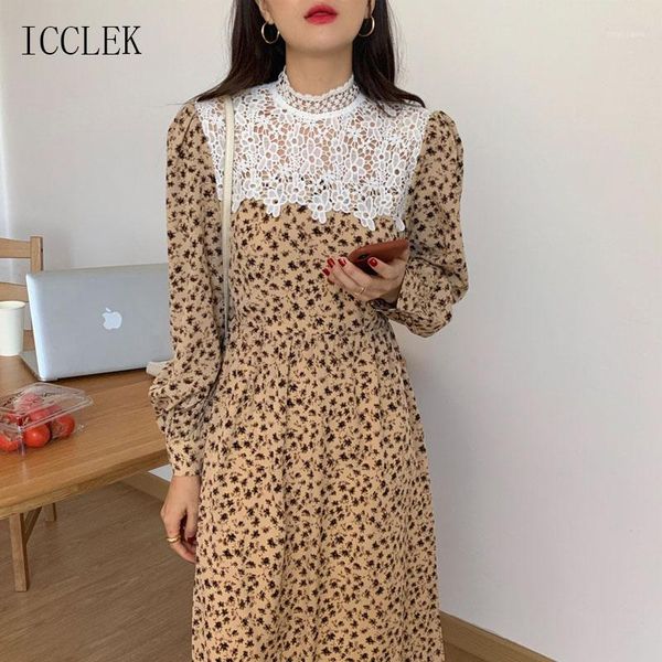

korean one-piece suitable for spring autumn of 2021 female robe stand-up collar lace stitching chiffon dress casual 545 dresses, Black;gray