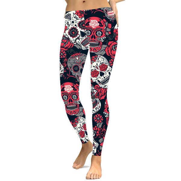 

2021 new sell women's skull&flower black leggings digital print trousers stretch pants plus size knitted streetwear rx9w