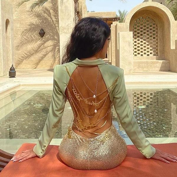 

women's wool & blends hollow y2k gold chain backless blazer coat women single button slim party female fashion tide clothing, Black