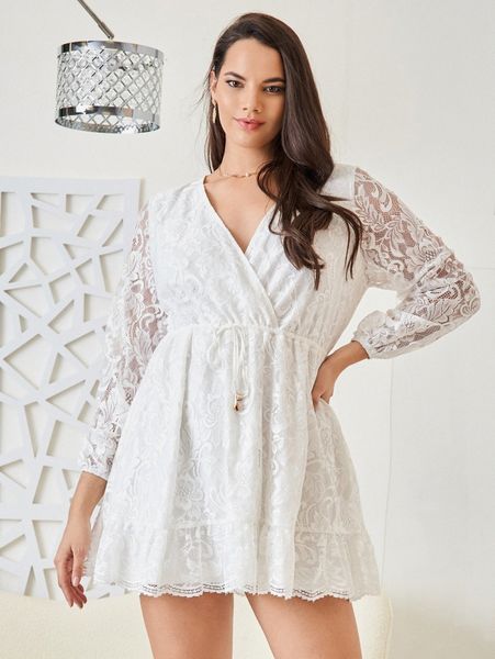

plus surplice neck drawstring waist lace dress q9at#, Black