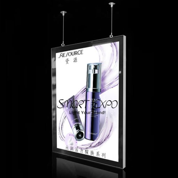 60 * 120 cm Display pubblicitario Cavo magnetico Cavo a doppia faccia Hanging Light Box per poster pubblicitario Visualizzazione con Hang Set Custodia in legno