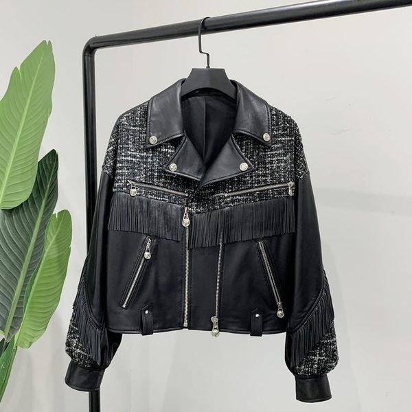 

women's leather & faux fashion fringed pu jacket women short 2021 woolen cloth stitching coat female, Black