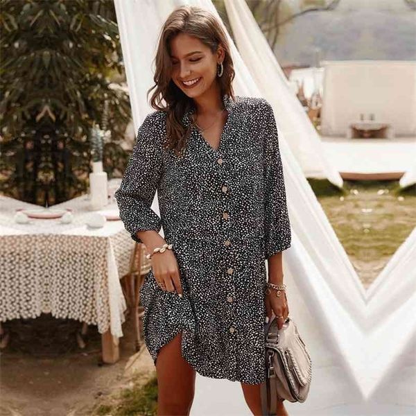 

casual summer dres single breasted dot print above knee mini v-neck three quarter sleeve 210701, Black;gray