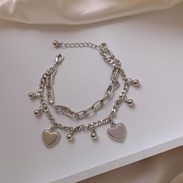 

link, chain 2021 punk trend unusual hip hop double layered linked heart bracelets for women silver color metal beads charm jewelry, Black