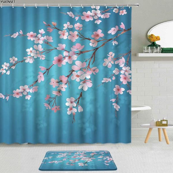 

shower curtains 2pcs romantic cherry blossom curtain blue background fuji mountain scenery fabric non-slip bath mat bathroom set
