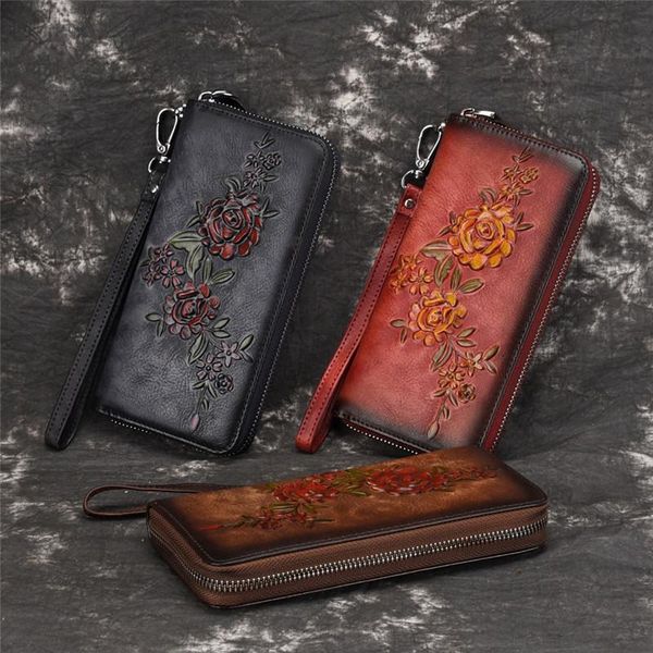 

wallets nesitu highend vintage long red black coffee flower genuine leather women clutch bag female phone purse m80043
