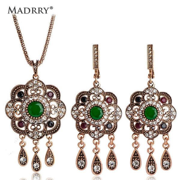 

earrings & necklace madrry alloy metal turkish vintage jewelry sets resin crystal sculpture flowers antique silver color bijoux